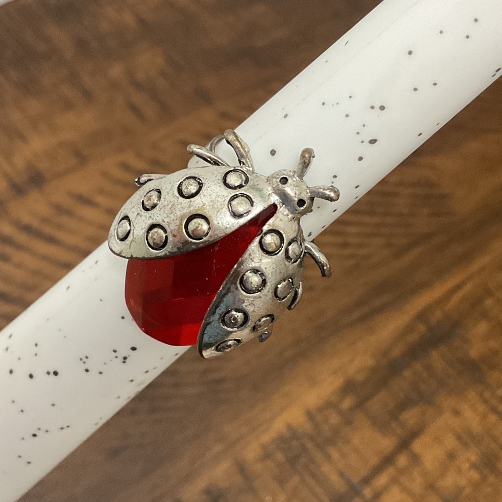 Silver Ladybug Ring With Red Gem - image 2